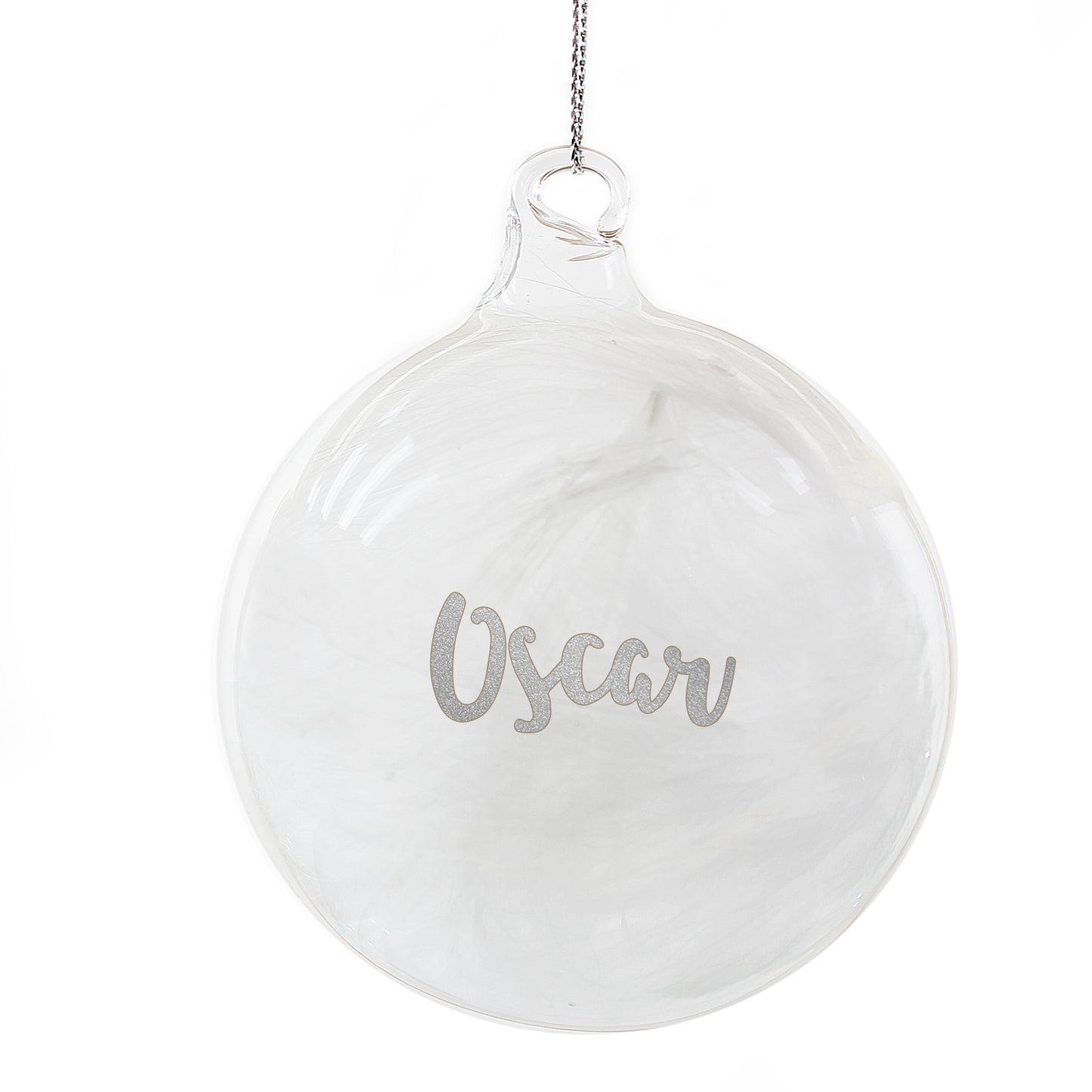 Personalised Feather Glass Bauble - Silver Glitter Name Only